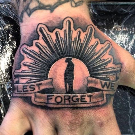 Anzac Tattoo Ideas, Australian Tattoo Men, Anzac Tattoo, Lest We Forget Tattoo, Army Silhouette, Military Sleeve Tattoo, Rising Sun Tattoos, Sun Tattoo Ideas, Hand Tattoo Images