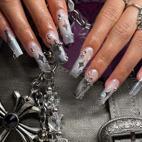 chelle da nail artist on Instagram: "frosted metal airbrush nails for @kathpao444 ⛓ Inspo: her purse from @thekript" Airbrush Acrylic Nails, Frosted Nails, Cross Nails, Airbrush Nails, Cute Acrylic Nail Designs, Long Acrylic Nails Coffin, Long Acrylic, Acrylic Nails Coffin, Nails Coffin