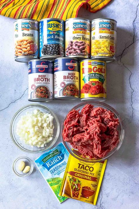 Original 7 Can Taco Soup with Ranch Dressing - Cooking On The Ranch 7 Can Taco Soup Pioneer Woman, Slow Cooker Taco Soup Beef, Taco Soup With Ranch Seasoning, Original Taco Soup Recipe, Taco Soup With Ranch Packet, Ranch Taco Soup, 7 Can Taco Soup Recipe, Taco Soup With Ranch, 7 Can Taco Soup