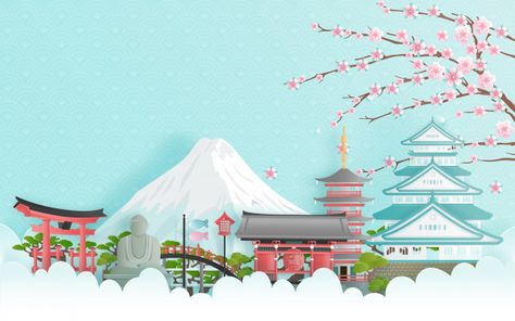 Travel advertising with travel to japan ... | Premium Vector #Freepik #vector #poster #business #travel #city Japan Powerpoint Background, Illustration Design Poster, Japan Facts, Travel To Japan, Poster Business, Fish Background, Japan Illustration, Travel Advertising, Japanese Travel