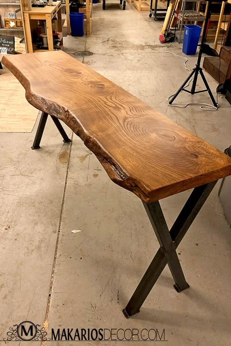 Table Behind The Couch, Live Edge Sofa Table, Behind The Couch Table, Cedar Projects, Natural Edge Table, Sofa Table Behind Couch, Live Edge Bar Top, Sawhorse Desk, Behind Couch Table