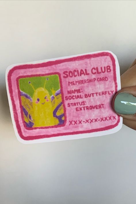 Making friends ad getting herself out there are this Social Butterfly's favorite activities. Every extrovert will love this social club membership card sticker. She is full of energy and ready for anything! perfect for your notebooks, sketchbooks, and tech.

You cant forget her introverted best friend and pernter in crime, book worm, and his library card! Club Membership Card Design, Sticker Business Card, Membership Card Design Ideas, Membership Card Design, Club Membership Card, Club Stickers, Forget Her, Member Card, Stickers Ideas