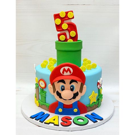 Mario Brother Cake Ideas, Super Mario Cake 1 Tier, Small Super Mario Cake, Super Mario And Luigi Cake, Mario Fondant Cake, Mario Cake Design, Small Mario Cake, Mario Cakes For Boys, Mario Second Birthday