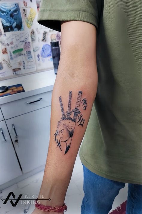 Anime Character Tattoo Ideas, Zoro Tatoos Ideas, Zoro Enma Tattoo, One Piece Zoro Tattoo Ideas, Matching One Piece Tattoos, One Piece Sleeve Tattoo, Zoro Swords Tattoo, Roronoa Zoro Tattoo Design, One Piece Anime Tattoo Ideas