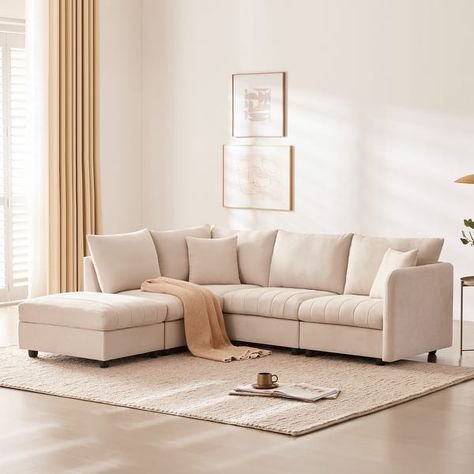 Beige L-Shape Sofa Convertible U-shape Sectional Recliner with Ottoman - Bed Bath & Beyond - 40311083 Recliner With Ottoman, Beige Bed, Modern Sofa Sectional, U Shaped Sectional, Couch Set, Ottoman Bed, Online Furniture Shopping, Cozy Apartment, Convertible Sofa