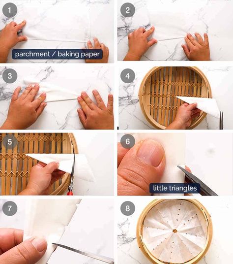 How to make perforated paper liner for bamboo steamers Steamed Rice Paper Dumplings, How To Make Dumpling Wrappers, How To Use A Bamboo Steamer Basket, Bamboo Steamer How To Use, Bamboo Steamer Basket Recipes, How To Use A Bamboo Steamer, Easy Spring Roll Recipe Rice Paper, Bamboo Steamer Recipes, Bamboo Steamer