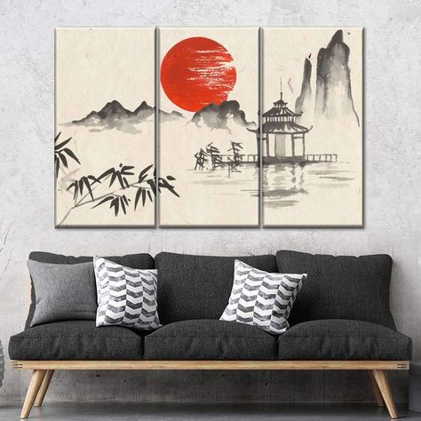 Sunset On The Temple Multi Panel Canvas Wall Art | ElephantStock Japanese Pavilion, Sunset On Canvas, Japanese Room Decor, Japanese Style Bedroom, Temple Wall Art, Japanese Bedroom, Japanese Room, Apartment Decoration, Japanese Wall Art