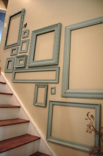 Empty Picture Frames, Stylish Wall Decoration Ideas, pale blue on cream walls Stairway Wall, Empty Picture Frames, Staircase Wall Decor, Frame Wall Collage, Stair Wall, Staircase Wall, Wall Decorating, Empty Frames, Blue Picture Frames