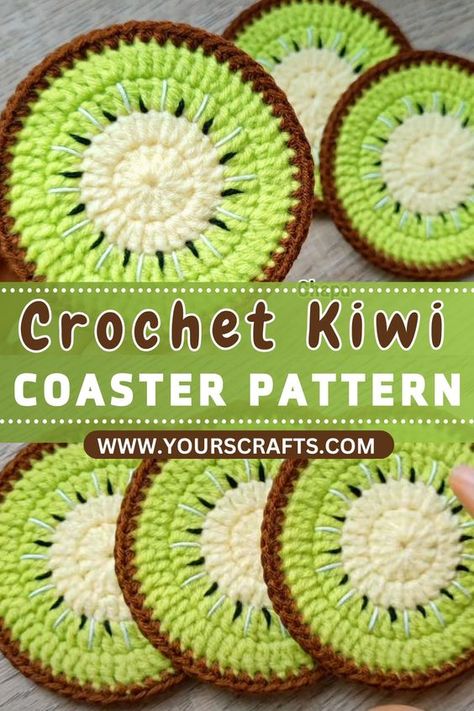 Free Crochet Fruit Coaster Patterns For Any Table Setting Crochet Table Decorations, Crochet Food Coasters Free Pattern, Crochet Fruit Coasters, Kiwi Coaster, Coaster Crochet Pattern Free, Crochet Coaster Free Pattern, Cute Crochet Coasters, Crocheting Cardigan, Crochet Kiwi