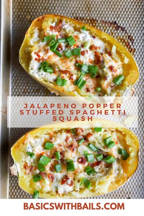 This Jalapeno Popper Stuffed Spaghetti Squash has the flavors of a deliciously cheesy jalapeño popper, but in meal form. The creamy texture mixed with the spicy jalapeño peppers makes it the perfect main dish or side dish for the big game or for meal prep. Cheesy Spaghetti Squash, Spaghetti Squash Recipes Easy, Stuffed Spaghetti Squash, Bacon Wrapped Chicken Breast, Spaghetti Squash Recipe, Cracker Candy, Gluten Free Christmas, Squash Recipe, Jalapeno Popper