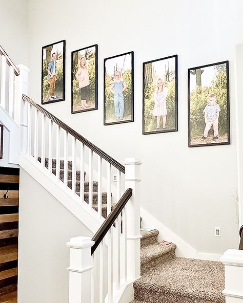 Smallwood Home on Instagram: “Dress up your walls with the colors of spring by creating your own custom signs 🌻thanks for sharing your beautiful family, @jenjenm4567!” Farmhouse Staircase Wall Decor, Pictures On Staircase Wall, Stairway Picture Wall, Stair Entry, Stairway Wall Decor, Stairway Pictures, Decorating Stairway Walls, Smallwood Home, Stairway Gallery Wall