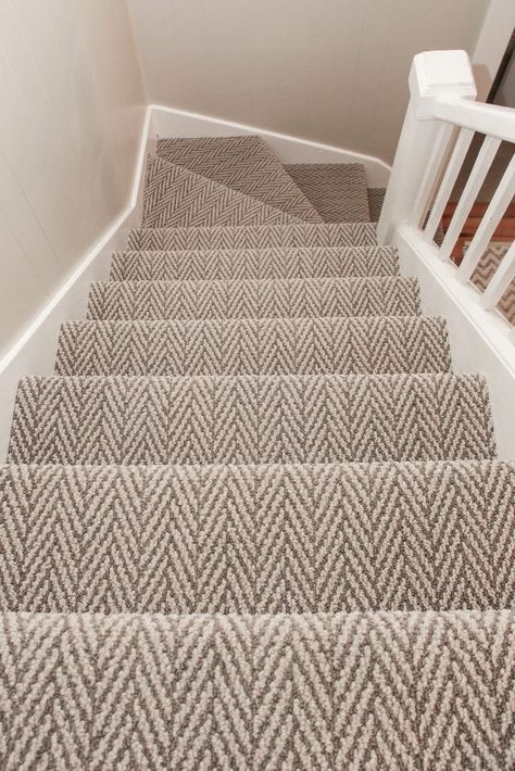 Brown and Beige Pattern Carpet Staircase Family Room With Grey Carpet, Patterned Carpet Basement, Patterned Carpet On Stairs And Landing, Staircase Carpeting Ideas, Hall And Stairs Carpet, Different Carpet In Hallway And Bedrooms, Different Carpet On Stairs And Landing, Brown Stair Carpet, Studio Mcgee Carpet Stairs