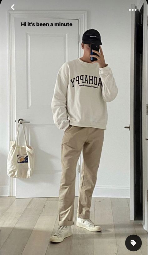 Men’s Khaki Pants Outfit Casual, Beige Khaki Pants Outfit Men, Beige Sweatpants Outfits Men, White Crewneck Outfit Men, Tan Outfits Men, Beige Sweatshirt Outfit Men, Beige Jeans Outfit Men, Beige Sweater Outfit Men, Mens Neutral Outfit