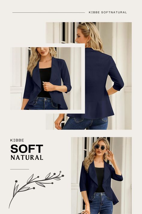 KOJOOIN Womens Casual Blazer 3/4 Sleeve Open Front Ruffle Work Office Cardigan Suit Jacket perfect for a kibbe soft natural outfit! Soft Natural Kibbe Blazer, Kibbe Soft Natural, Natural Outfit, Natural Kibbe, Wardrobe Refresh, Casual Blazer Women, Cropped Blazer Jacket, Chic Blazer, Blazer Jackets For Women