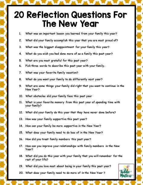 New years is the time to reflect and set goals for the upcoming year.  These reflection questions will help your family think about what progress they have made and what areas they can still improve on. New Years Eve Traditions, Kids New Years Eve, New Year's Eve Activities, New Years Eve Games, New Years Eve Day, New Year's Games, New Year Resolution, New Years Traditions, New Years Activities