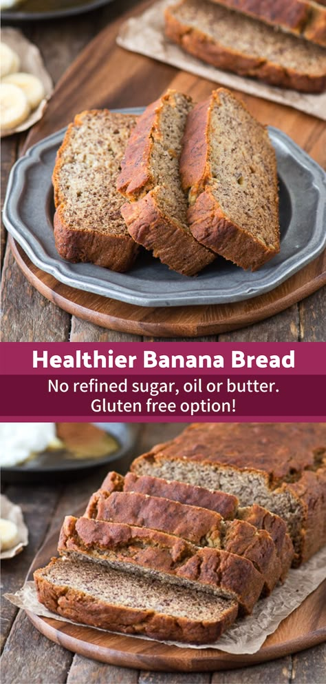 Healthy greek yogurt banana bread that is refined sugar, oil or butter free. This banana bread uses honey and the sweetness of ripe bananas! This healthy banana bread has been tested gluten free too! #healthybananabread #greekyogurtbananabread #wholewheatbananabread #bananabread #healthyrecipes Healthier Banana Bread, Banana Bread With Applesauce, Greek Yogurt Banana Bread, Yogurt Banana Bread, Sugar Free Banana Bread, Whole Wheat Banana Bread, Yogurt Banana, Banana Bread Recipe Healthy, Healthy Bread Recipes