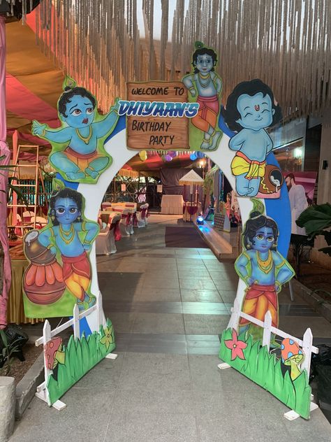 Krishna Theme Birthday Party Decoration, Jalwa Party Decorations, Krishna Janam Decoration, Krishnajayanthi Decoration, Janmastami Decorations At School, Krishna Janmashtami Decoration At School, Krishna Birthday Decoration, Krishnastami Decoration Ideas, Krishna Theme Birthday Decoration