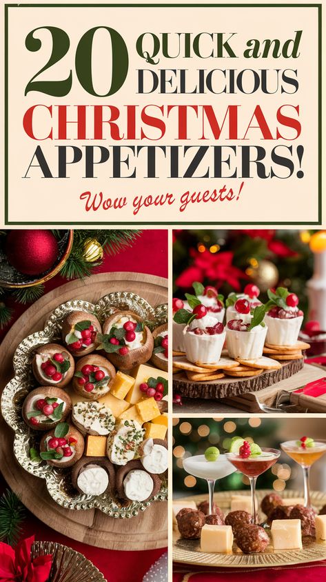 20 Quick and Delicious Christmas Appetizers That Will Wow Your Guests! Home Party Appetizers, Christmas Auderves, Savory Xmas Treats, Holiday Hor D'oeuvres, Christmas Party Easy Appetizers, Finger Food Appetizers Christmas, Family Christmas Appetizers, Pretty Christmas Party Food, Popular Christmas Appetizers