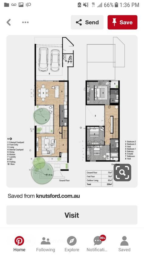 Narrow House Layout, Plan Interior Design, Narrow House Designs, Narrow House Plans, 3d Floor Plans, Long House, Courtyard House Plans, Small House Floor Plans, Casa Country