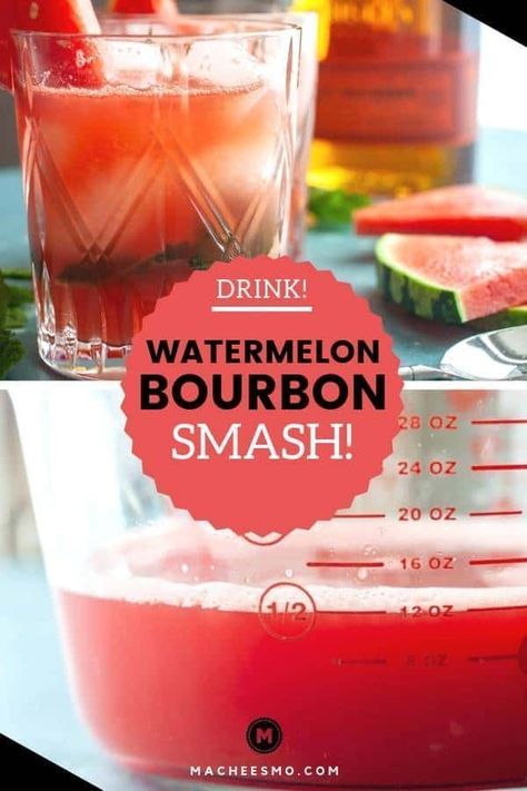 Chill out this summer with these cool Watermelon Bourbon Smash cocktails! Fresh watermelon, mint, bourbon, and a topper of club soda for some bubbles. The perfect summer sipper! macheesmo.com #bourbon #watermelon #cocktails #summer Smash Cocktails, Bourbon Smash Cocktail, Watermelon Cocktails, Cocktail Recipes For A Crowd, Cocktails Summer, Fall Drink Recipes, Bourbon Smash, Watermelon Cocktail, Weekend Food