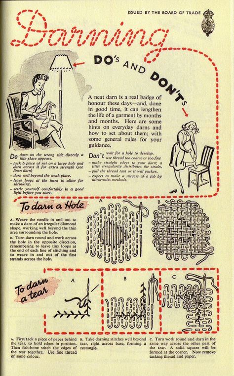 Darning Tips for mending I'd place a self fabric patch (or as closes as possible) behind the mend instead of paper.... Also good for machine mend / darning. Mending Clothes, Make Do And Mend, Sew Ins, Visible Mending, Couture Vintage, Knitting Techniques, Sewing Basics, Sewing Techniques, Sewing Clothes