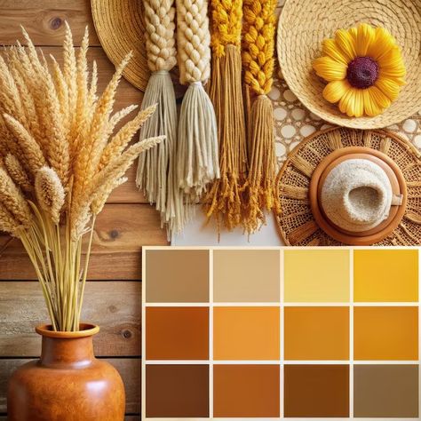 Golden Brown Colour Palette, Mustard Beige Color Schemes, Burnt Yellow Color Palette, Terracotta And Yellow Color Palette, Yellow Tan Color Palette, Boho Nursery Color Palette, Warm Boho Color Palette, Colors That Go With Tan, Boho Colour Palette