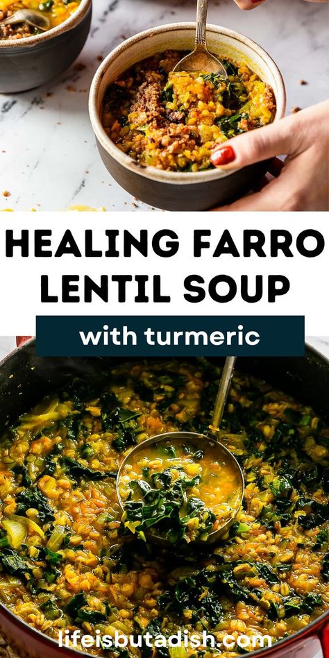 This cozy vegetarian lentil soup recipe with turmeric and farro will warm you through. It’s packed with fresh veggies, red lentils, and hearty farro! A comforting and healthy winter soup the whole family will love. Lentil Freezer Recipes, Recipe With Farro, Paleo Lentil Recipes, Vegetarian Winter Soups, Lentil Soup With Meat, Lentils For Breakfast, Recipes With Farro, Turkish Lentil Soup, Farro Recipes Healthy