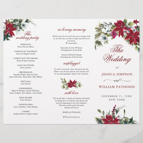 Elegant Red Poinsettia Wedding Ceremony Program Poinsettia Wedding Aisle, Wedding Programs Ideas, Christmas Wedding Programs, Ceremony Timeline, Poinsettia Wedding, Wedding Maids, Red Poinsettia, Wedding Ceremony Programs, Ceremony Programs