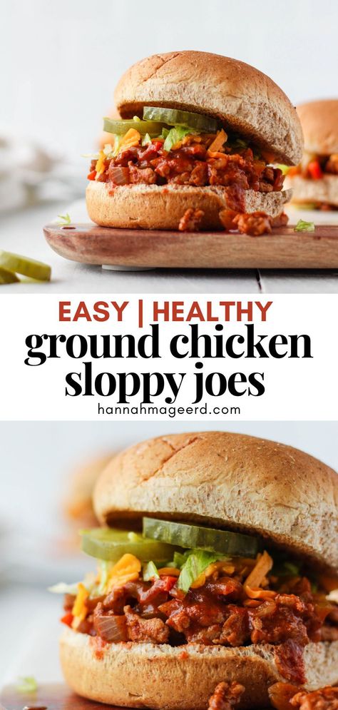 This 30-minute healthy recipe for Ground Chicken Sloppy Joes is just as delicious as it is easy. It’s high in protein, filling, and even sneaks in some veggies! #sloppyjoes #chicken #groundchicken #healthy #easy #highprotein #glutenfree #dinner #mealprep Ground Chicken Sloppy Joes Healthy, Healthy Sloppy Joe Recipe Ground Turkey, High Protein Sloppy Joes, Cooking Ground Chicken, Shredded Chicken Sloppy Joes, Clean Eating Ground Chicken Recipes, Ground Chicken Whole 30, Healthy Dinner Ground Chicken, Salad With Ground Chicken