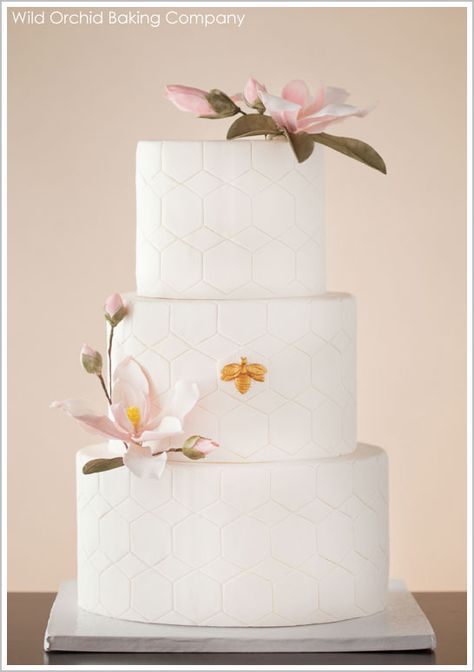 Honeycomb & Golden Bee Wedding Cake -  Wild Orchid Baking Company Honeybee Cake, Bee Wedding Cake, Geometric Wedding Cakes, Honeycomb Cake, Geometric Cake, Bee Wedding, Bee Cakes, Simple Wedding Centerpieces, Cake Blog