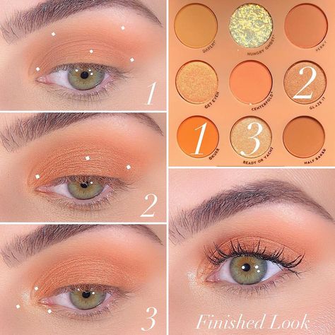 @colourpopcosmetics Baby Got Peach Eyeshadow Palette  1️⃣Okurr- Apply to the lid and blend in crease and transition area 2️⃣Glaze It- Lid… Eyeshadow Guide, Simple Eyeshadow Tutorial, Teknik Makeup, Orange Eyeshadow, Peach Makeup, Colourpop Eyeshadow, Peach Eyeshadow, Simple Eyeshadow, Makeup Steps