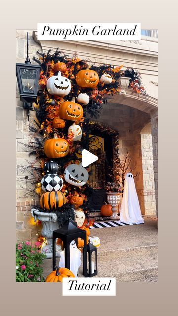 Macy Blackwell on Instagram: "Pumpkin Garland DIY!🎃 No base this year! Also, no damage to your home!👏🏼 We used chicken wire attached to heavy duty hooks, added garlands, lights, and of course, jack-o-lanterns! 

Comment SHOP below to receive a DM with the link to shop this post on my LTK ⬇ https://liketk.it/4SdBf 

#pumpkingarland #halloweenideas #halloweenporch #halloweendecor #halloweendiy" Pumpkin Garland Outdoor, Pumpkin Archway Diy, Pumpkin Garland Diy, Macy Blackwell, Halloween Board, Holiday Decor Halloween, Pumpkin Garland, Garland Diy, Halloween Garland