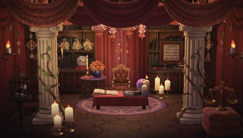 Acnh Vacation Home, Acnh Room Inspiration, Animal Crossing Island Themes, Castle House Interior, Acnh Campsite, Acnh Room Ideas, Vampire Room, Acnh Build Ideas, Animal Crossing House