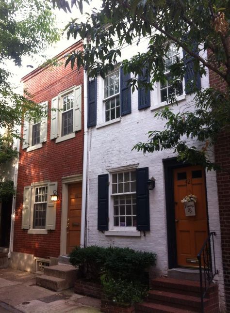 Philadelphia Row House, Navy Shutters, White Painted Brick, Baltimore House, Terrace House Exterior, Row Home, Townhouse Exterior, Painted Brick House, Row Houses