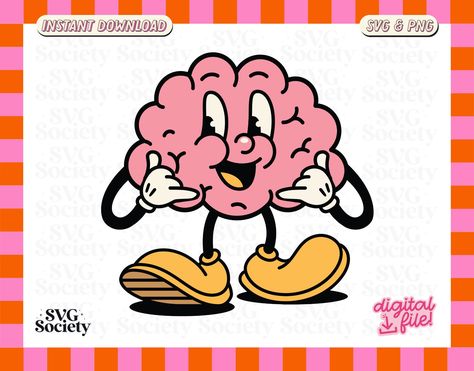 Hi there! Lovely to have you here in our small shop! On we go... ☻ ✿ WHAT IS THIS? This 'Brain Retro Character' design listing is a customizable DIGITAL DOWNLOAD. The files will be available to you immediately after your purchase is confirmed. NO physical items will be shipped. ✿ WHAT CAN I MAKE WITH THEM? Anything! Get creative and have fun! Use it to make or sell t-shirts, sweatshirts, stickers, coffee mugs, tumblers, phone cases, home decor, keychains, hats, pillow, signs, bags and more! ✿ TE Cute Brain Illustration, Brain Character Design, Retro Character Design, Brain Character, Brain Cartoon, Cartoon Brain, Brain Illustration, Retro Character, Craft Iron