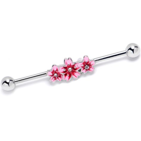 Product Details14 Gauge Clear Gem Perfect Pink Flower Trio Industrial Barbell 38mm Look as perfectly pink as you could want with this 14 gauge floral helix barbell. It is made with a 1 1/2 inch 316L surgical grade stainless steel straight barbell with 5mm ball ends. It features a triple flower charm, inlaid in shades of pink and featuring clear gems at the centers. They are further embellished with textured detailing around the center and you can even slide them up and down the length of the bar Girly Piercings, Cute Industrial Piercing, Bar Ear Piercing, Industrial Piercing Jewelry, Conch Piercing Jewelry, Types Of Ear Piercings, Opal Nose Ring, Pregnancy Belly Rings, Horseshoe Jewelry