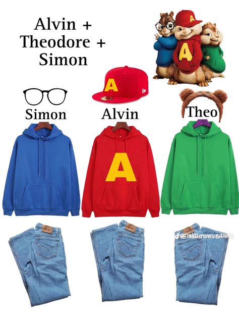 Theodore Chipmunk Halloween Costume, Chipmunk Diy Costume, Alvin And The Chipmunks Hairstyle Ideas, The Chipmunks Halloween Costumes, Alvin And Theodore Costume, Trio Halloween Costumes Alvin And The Chipmunks Aesthetic, Alive And The Chipmunks Costumes, 3 People Halloween Costumes Alvin And The Chipmunks, Theodore Chipmunk Makeup