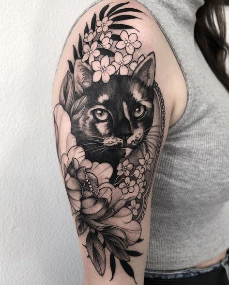 Cat Portrait Tattoo Black And Grey, Cat Tattoos With Flowers, Large Cat Tattoo, Black Cat Portrait Tattoo, Cat Sleeve Tattoo, Cat Tattoo Sleeve, Floral Cat Tattoo, Dash Tattoo, Cat Portrait Tattoo