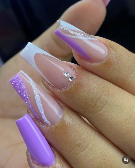 Purple White And Gold Nails, Flashy Nail Designs, Purple And White Nails, Painted Acrylic Nails, 21st Birthday Nails, Purple And Silver Nails, Blue Stiletto Nails, Neutral Nails Acrylic, Fancy Nails Designs