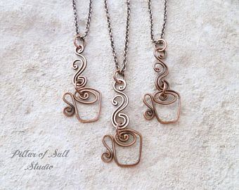 Tea Cup Necklace, Coffee Necklace, Hammered Jewelry, Bijoux Fil Aluminium, Copper Necklace, Wire Work, Beads And Wire, Copper Jewelry, Wire Wrapped Jewelry