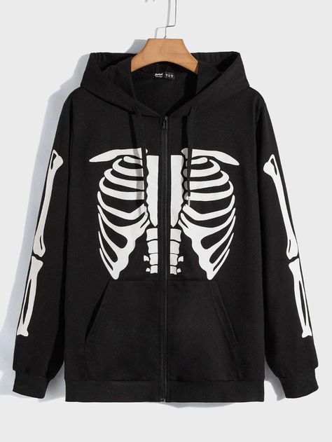 ROMWE Guys Skeleton Print Drawstring Hoodie | SHEIN USA Skeleton Hoodie, Thermal Hoodie, Skeleton Print, Style Noir, Cool Hoodies, Printed Drawstring, Drawstring Hoodie, Straight Pants, Graphic Long Sleeve