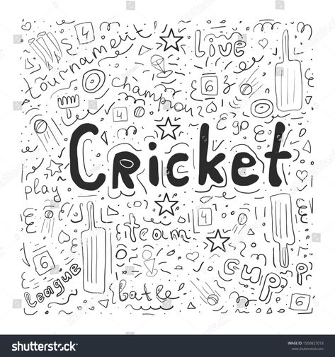 illustration of cricket championship sports. Hand drawn doodle with cricket elements. black line vector illustration isolated on white background #Ad , #ad, #Hand#drawn#doodle#sports Background Drawing Ideas Doodles, Cricket Drawing Ideas, Cricket Sketch Drawing, Cricket Journal Ideas, Cricket Illustration Sport Art, Cricket Doodle Art, Cricket Drawing Easy, Cricket Doodle, Cricket Sketch