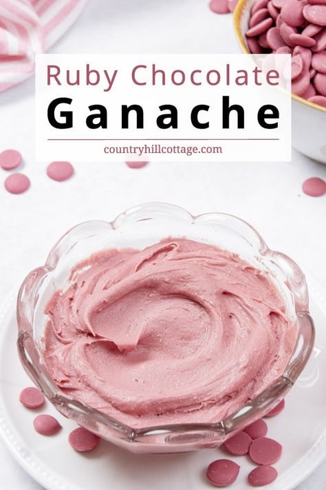 This ruby chocolate ganache is a creamy indulgence and takes classic ganache to a new level! Ruby ganache has a naturally pink color, sweet, fruity taste, and decadently rich texture. It’s perfect to glaze, frost, and fill cakes, cupcakes, and other treats. Ruby ganache has a creamy texture and rich chocolate flavor that are indulgent and decadent in the best way. Pink chocolate might be a splurge, the recipe requires only 2 ingredients and comes together in minutes. | CountryHillCottage.com Flavored Ganache, Instant Hot Chocolate, Raspberry Ganache, Ruby Chocolate, Hot Chocolate Design, Chocolate Ganache Recipe, Glaze For Cake, Ganache Frosting, Recipes With Whipping Cream