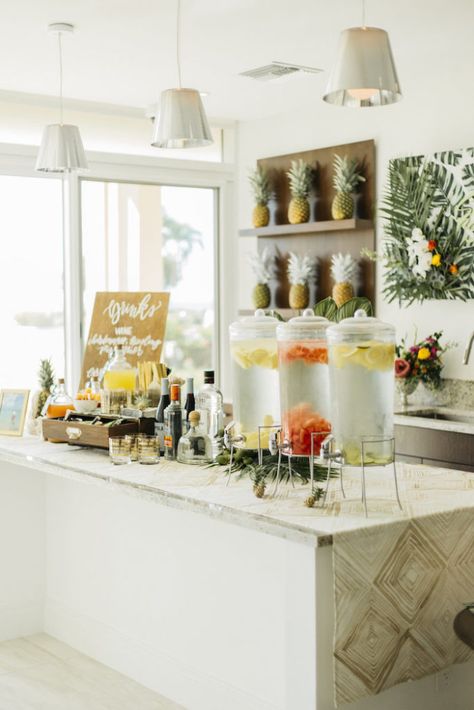 Drink Table For Party, Bar Cart Party Drink Stations, Pilates Party Ideas, Modern Luau Party, Tropical Bar Ideas, Drink Table Ideas Beverage Stations, Tropical Bridal Shower Food, Refreshment Table Ideas, Drink Table Party