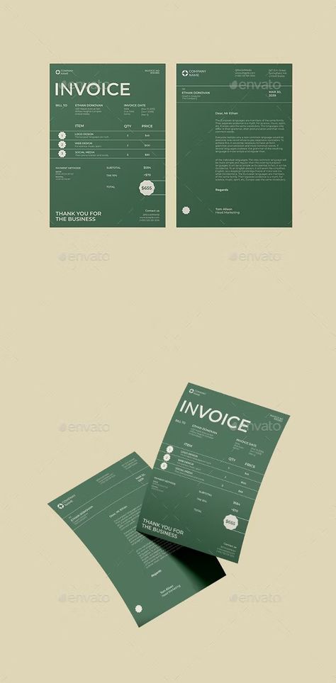 Green Beige Minimalist Invoice & Leterhead, Print Templates | GraphicRiver Invoice Sample, Invoice Design, Receipt Template, Minimalist Layout, Image Notes, Event Flyer Templates, Business Proposal, Invoice Template, Stationery Templates