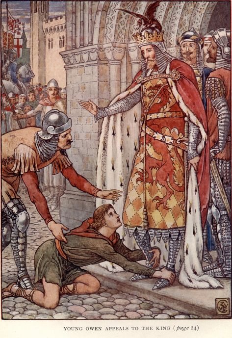 Young Owen Appeals to the King by: Walter Crane (Artist) from: King Arthur's Knights: The Tales Retold for Boys and Girls (P. Frontispiece) -  1911 King Arthur's Knights, King Arthur Legend, Morgan Le Fay, Roi Arthur, Arts And Crafts Storage, Arts And Crafts For Teens, Walter Crane, Art And Craft Videos, King Arthur