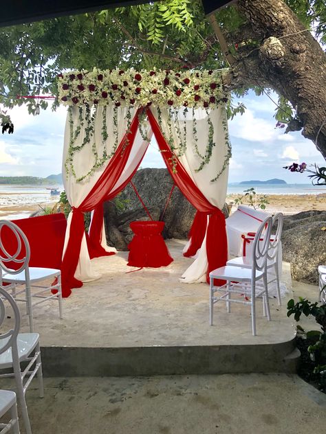 Phuket beach wedding red theme Wedding Red Theme, Red Beach Wedding, Beach Wedding Sunset, Beach Wedding Candles, Beach Wedding Red, White Beach Wedding Dresses, White Beach Wedding, Phuket Beach, Sunset Beach Weddings