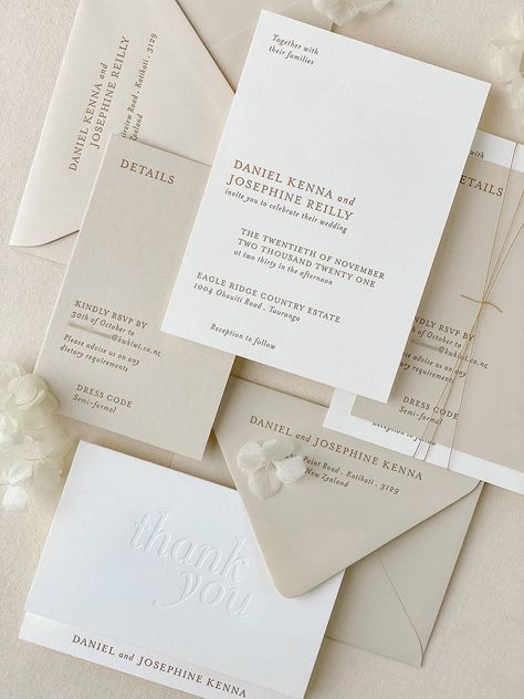 Letterpress wedding invitation and thank you card Cream And White Wedding Invitations, Wedding Invitation Cards White And Gold, Beige Wedding Invites, Classy Wedding Cards, All White Invitations, Wedding Invitation Stack, Neutral Wedding Invites, Details Card Wedding Invitation, Modern Wedding Invitations Minimalist