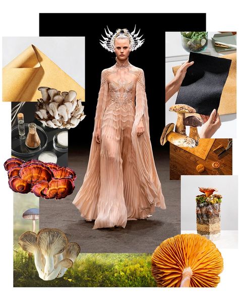 Fungi Fashion, Fashion Inspired By Mushrooms, Fungi Inspired Fashion, Mycelium Fashion, Fungi Inspired Dresses, Biomimicry In Fashion, Mushroom Textiles Gcse, Fashion Show Poster, Textures Fashion