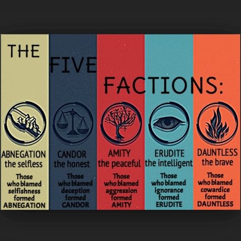 The Five Factions, #Erudite; Intelligent but Vain, #Amity; Peaceful but Passive, #Candor; Honest but Inconsiderate, #Dauntless; Brave but Cruel, #Abnegation; Selfless but Stifling, #Divergent; Different but Same, .... #VeronicaRoth (Author) #MaggieQ #ShaileneWoodley #Divergent2014 Book Cover Redesign, Hogwarts Sorting Quiz, Divergent Faction, Divergent Factions, Tris And Tobias, Personality Game, Celebrity Books, Divergent Trilogy, Aptitude Test